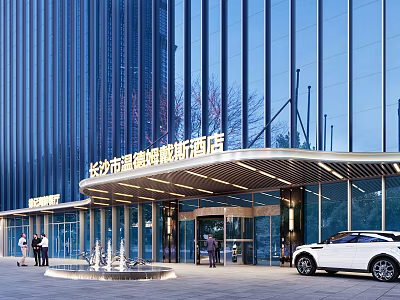 Modern International Hotel Entrance with Glass Curtain Wall Portico Lighting Fountain and Car 3d model