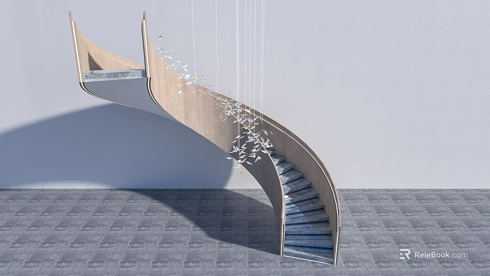 Curved Wooden Staircase With Hanging Decorations Against Gray Wall And Floor 3d model 
