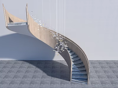Curved Wooden Staircase With Hanging Decorations Against Gray Wall And Floor 3d model