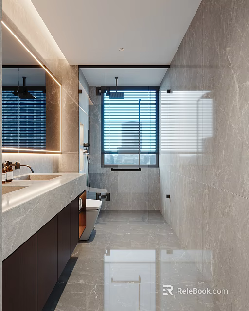 Modern Bathroom With Marble Vanity Large Mirror And Shower Area 3d model 