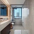 Modern Bathroom With Marble Vanity Large Mirror And Shower Area