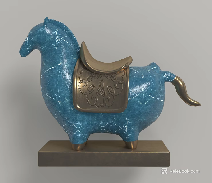 Blue Horse Shaped Decorative Ornament Set With Crackle Texture Golden Saddle And Base Stand 3d model 