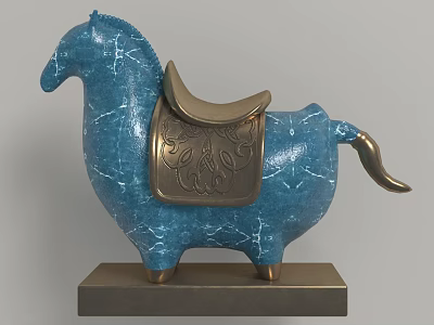 Blue Horse Shaped Decorative Ornament Set With Crackle Texture Golden Saddle And Base Stand 3d model