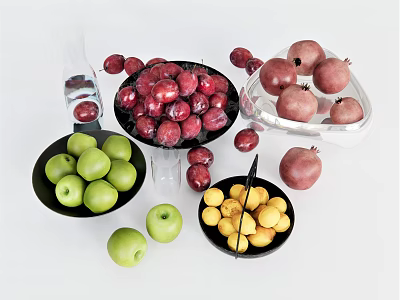Assorted Fresh Fruits in Glass and Black Bowls with Plums Apples and Apricots 3d model