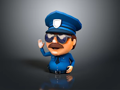 Cartoon Police Game Movie Character With Blue Uniform Hat Badge Sunglasses Mustache Waving Hand 3d model