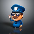 Cartoon Police Game Movie Character With Blue Uniform Hat Badge Sunglasses Mustache Waving Hand