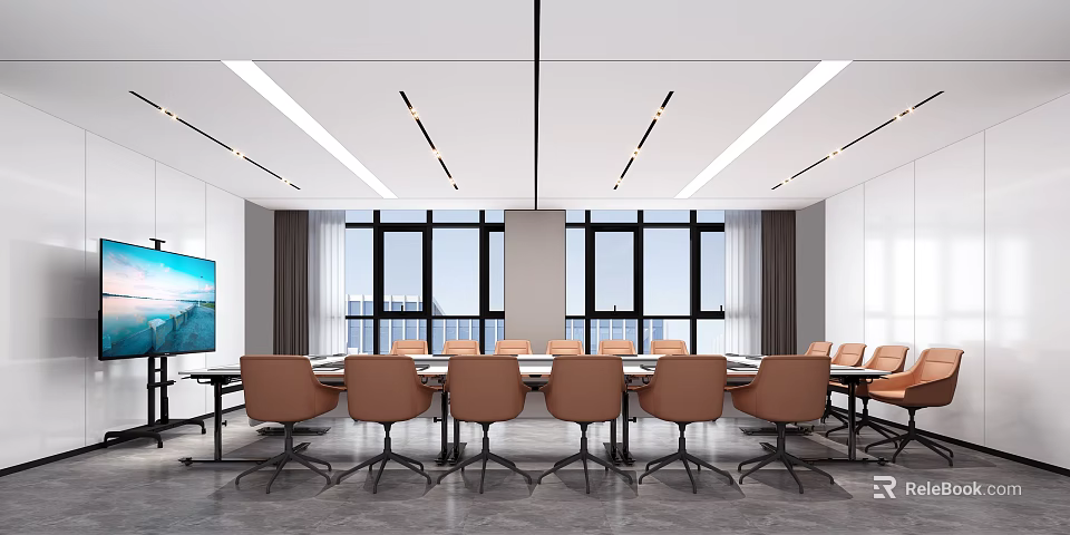 Modern Conference Room Interior Design With Large Windows Long Table TV Screen And Chairs 3d model 