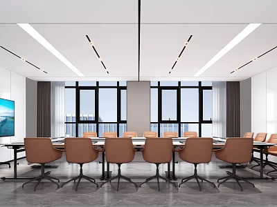 Modern Conference Room Interior Design With Large Windows Long Table TV Screen And Chairs 3d model