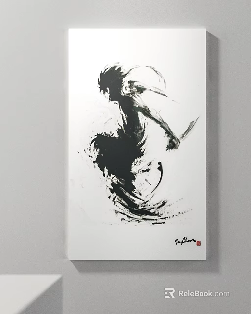 Ink Painting Artwork Featuring Dynamic Martial Arts Figure With Sword Brush Strokes 3d model 