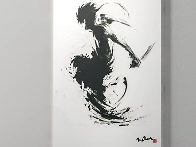 Ink Painting Artwork Featuring Dynamic Martial Arts Figure With Sword Brush Strokes 3d model