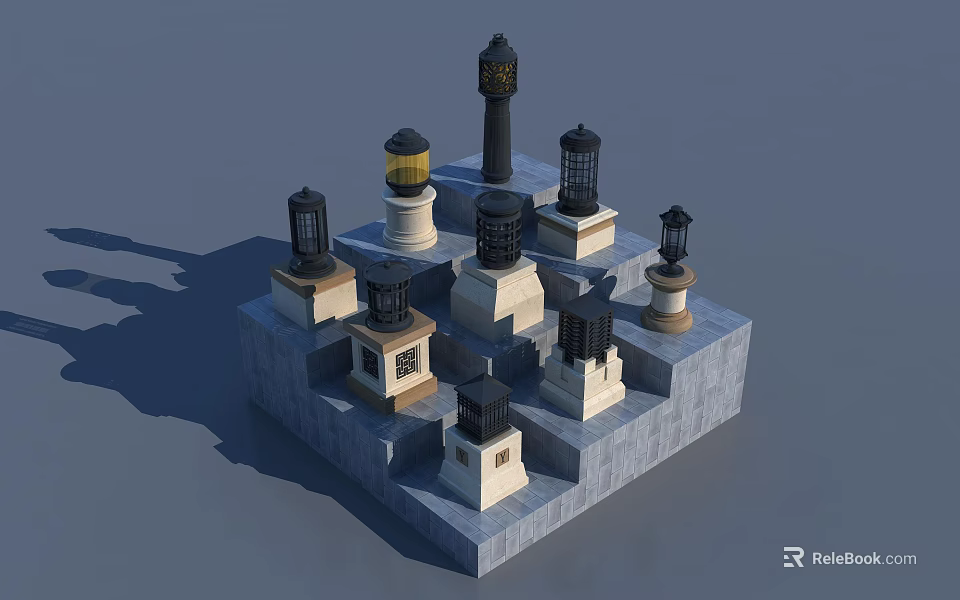 Various Lighthouse Style Outdoor Lights With Decorative Stone Bases For Garden Landscape 3d model 