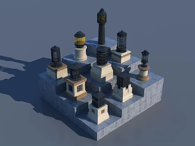 Various Lighthouse Style Outdoor Lights With Decorative Stone Bases For Garden Landscape 3d model