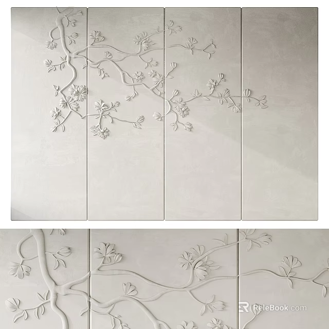 Elegant Light Color Sofa Background Wall With Floral Relief Decoration 3d model 
