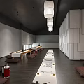 Traditional Modern Tea House Interior With Hanging Lanterns And Wooden Tables