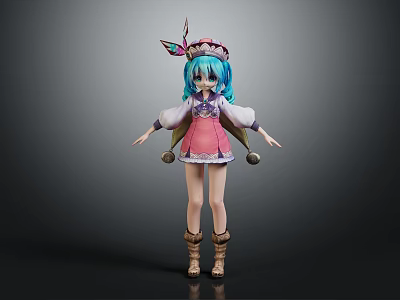 Anime Character With Antler Headdress Blue Hair Pink And White Outfit Brown Boots 3d model
