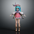 Anime Character With Antler Headdress Blue Hair Pink And White Outfit Brown Boots