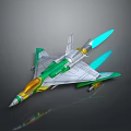 Sleek Green Silver Yellow Fighter Jet 3D Model With Blue Flames And Transparent Cockpit