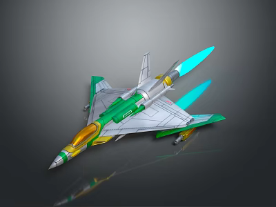 Sleek Green Silver Yellow Fighter Jet 3D Model With Blue Flames And Transparent Cockpit 3d model