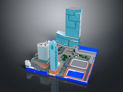 Cartoon City Scene With Tall Buildings Roads Plaza And Water Pool 3d model