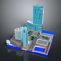 Cartoon City Scene With Tall Buildings Roads Plaza And Water Pool