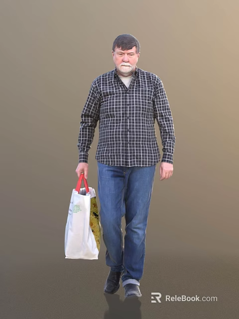A Man in Plaid Shirt and Blue Jeans Carrying Shopping Bag on Brown Background 3d model 