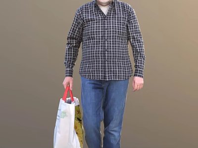 A Man in Plaid Shirt and Blue Jeans Carrying Shopping Bag on Brown Background 3d model