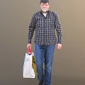 A Man in Plaid Shirt and Blue Jeans Carrying Shopping Bag on Brown Background