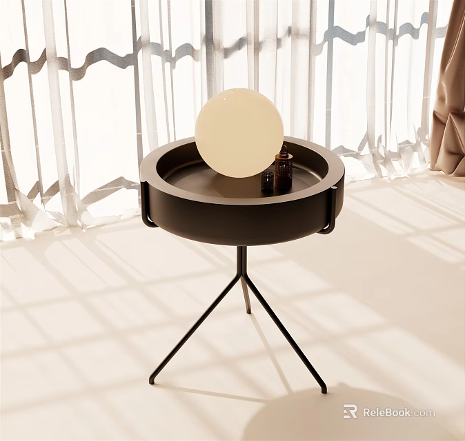 Modern Black Side Table With Round Tray Top Tripod Legs And White Sphere Decor In Natural Light 3d model 