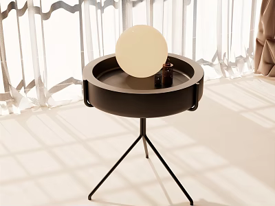Modern Black Side Table With Round Tray Top Tripod Legs And White Sphere Decor In Natural Light 3d model