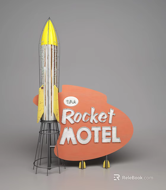 Rocket Motel Sign Featuring Yellow Rocket Model Orange Shape And Metal Stand 3d model 