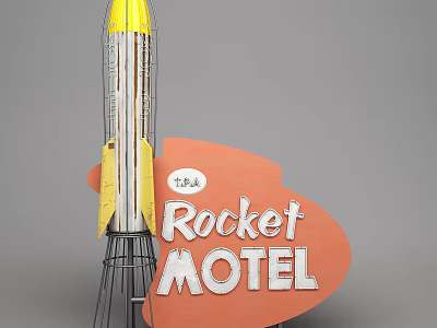 Rocket Motel Sign Featuring Yellow Rocket Model Orange Shape And Metal Stand 3d model