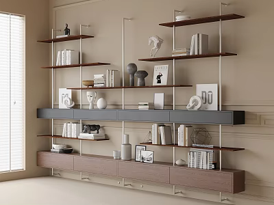 Modern Wooden Bookshelf With Multiple Shelves Holding Books Decorative Items And Photo Frames 3d model