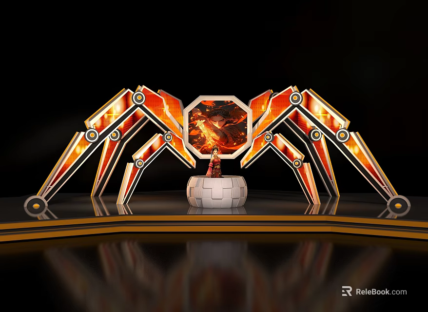Modern Stage Spider Leg Structure Orange Red Lights Central Glowing Hexagonal Device White Base 3d model