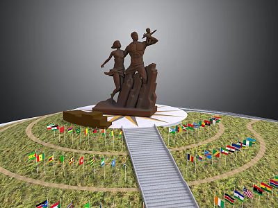 Memorial Sculpture With Two Figures Surrounded By Colorful Flags And Pathway On Grass 3d model