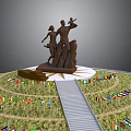 Memorial Sculpture With Two Figures Surrounded By Colorful Flags And Pathway On Grass