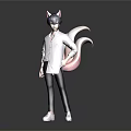 Anime Style Character With Cat Ears And Pink Fox Tail In White Shirt Black Pants