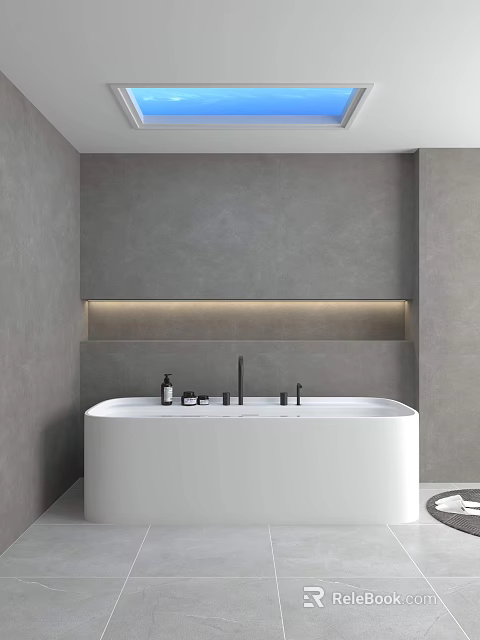 Modern Bathroom with Gray Walls Recessed Lighting White Freestanding Bathtub and Bath Products 3d model 