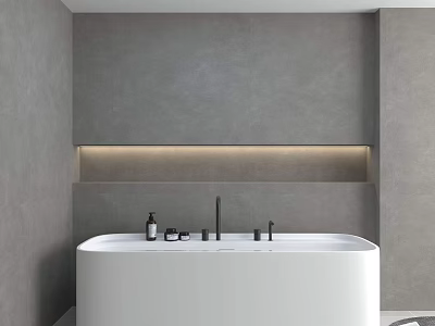 Modern Bathroom with Gray Walls Recessed Lighting White Freestanding Bathtub and Bath Products 3d model