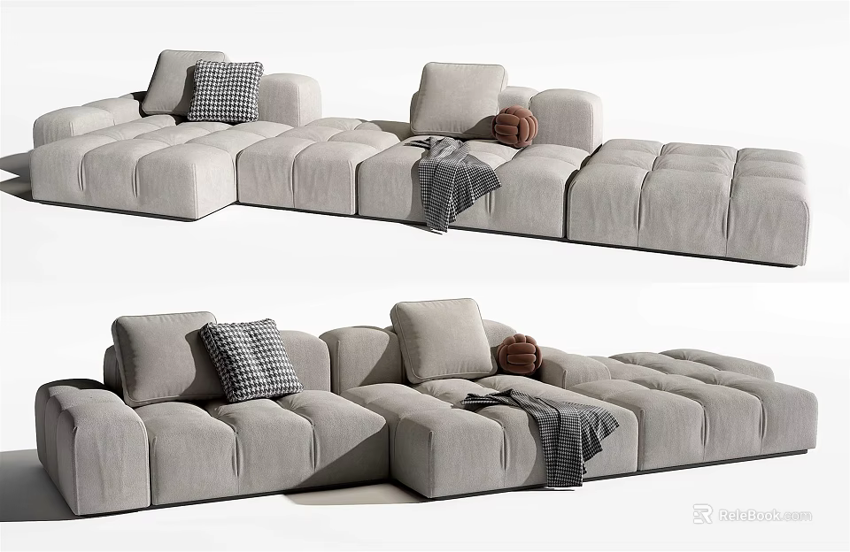 Gray Velvet Sectional Sofa With Checkered Pillows And Cozy Throw Blanket 3d model 