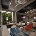 Elegant Living and Dining Room Interior With Beige Sofa Coffee Table Crystal Chandelier And Rug
