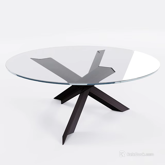 Modern Round Dining Table With Clear Glass Top And Black Geometric Legs 3d model 