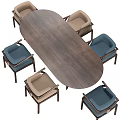 Modern Wooden Dining Table Set With Blue And Beige Upholstered Chairs