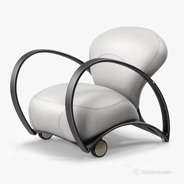 Modern White Leather Single Sofa With Black Curved Frame And Rolling Wheels 3d model 
