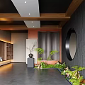 Modern Interior Landscape With Wooden Beams Round Mirror Green Plants And Water Feature