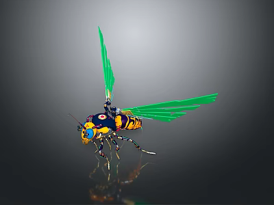 Colorful Insect 3D Model With Green Wings Yellow Black Body And Blue Eyes Metallic Legs 3d model