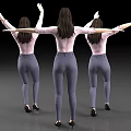 Women In Pink Shirts Gray Pants And Black Heels Posing With Raised Arms