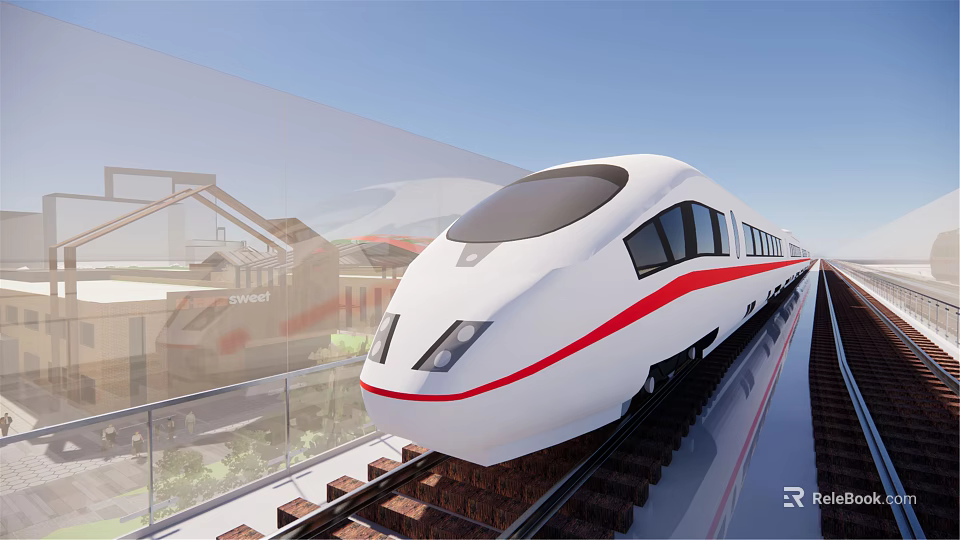 White High Speed Train With Red Stripe Moving On Railway Track Under Scenic Blue Sky 3d model 