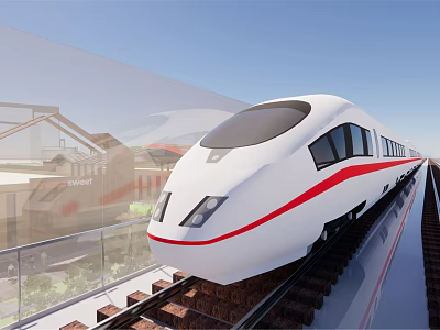 White High Speed Train With Red Stripe Moving On Railway Track Under Scenic Blue Sky 3d model
