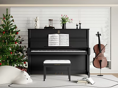 Cozy Living Room Musical Setup With Black Piano Cello Sheet Music Bench And Christmas Tree 3d model