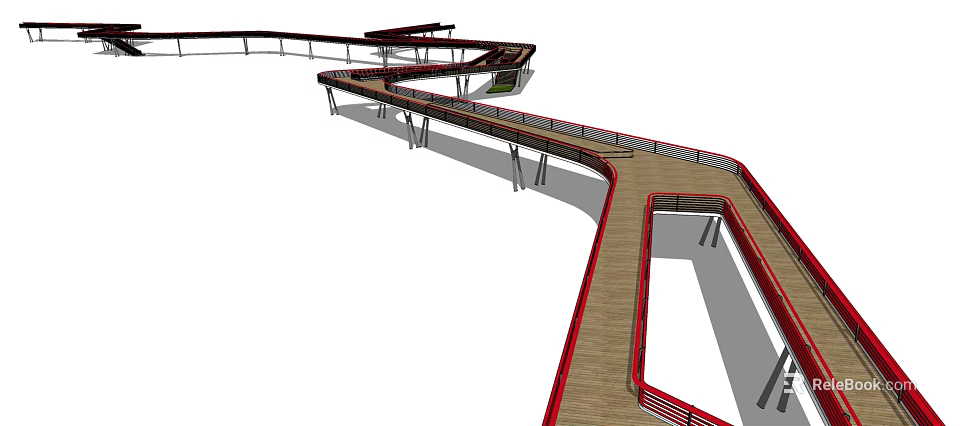 Modern Curved Pedestrian Bridge With Wooden Deck Red Railings And Supporting Pillars 3d model 